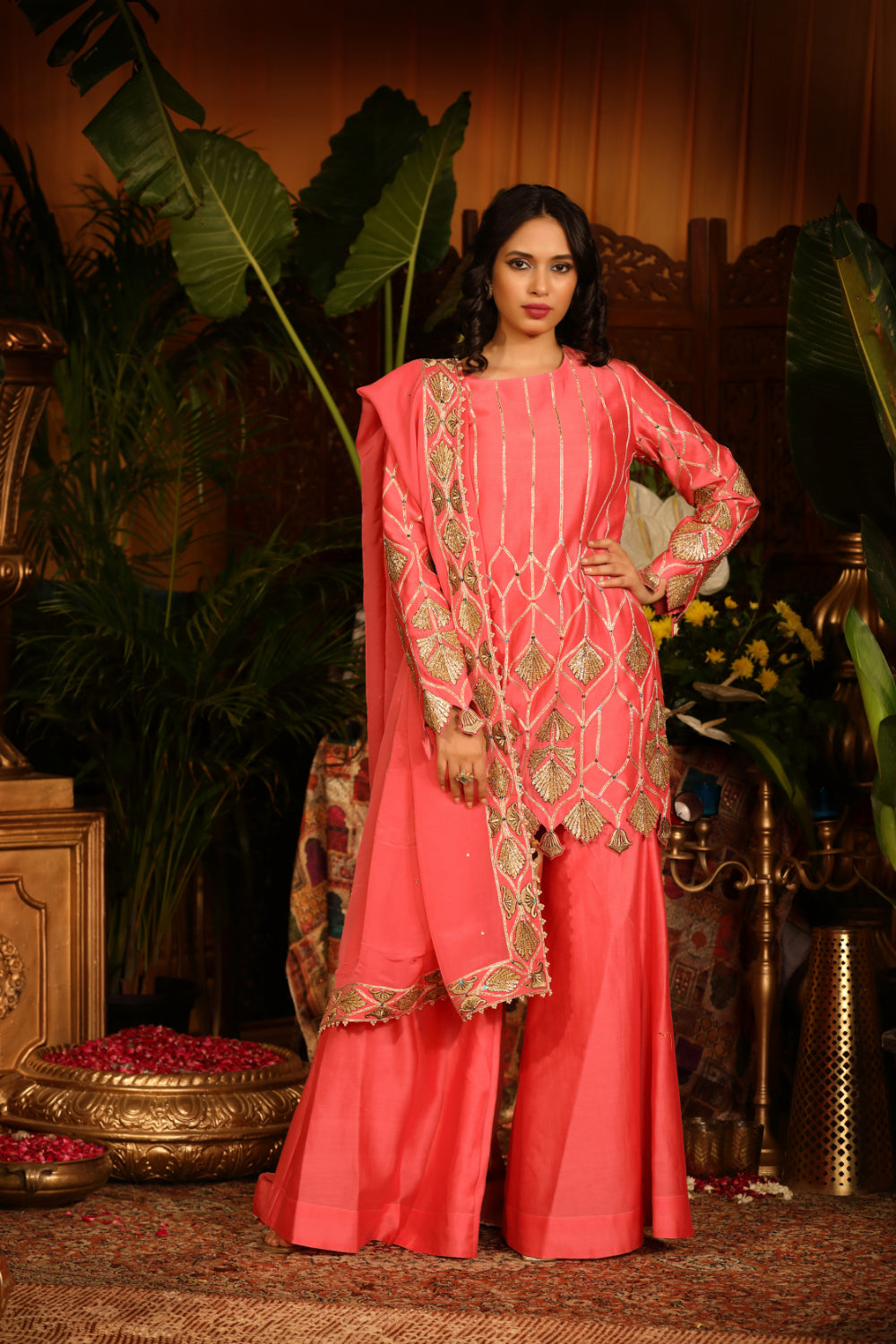 Coral Pink Kurti Paired With Culottes Pants And  Dupatta