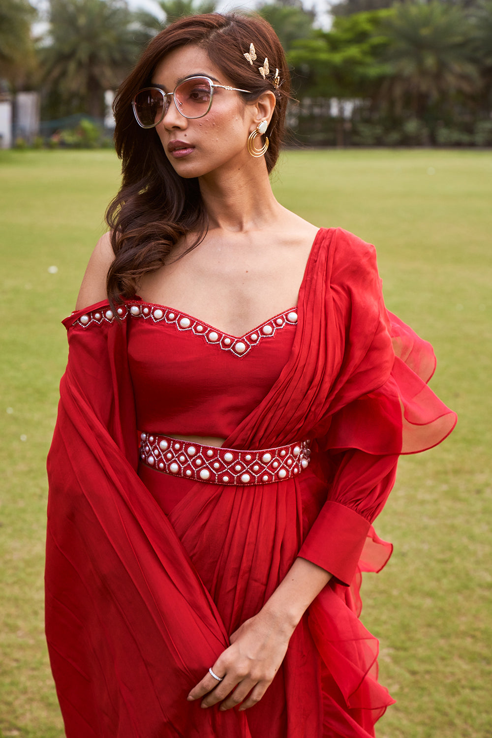 Cherry Red Drape Saree