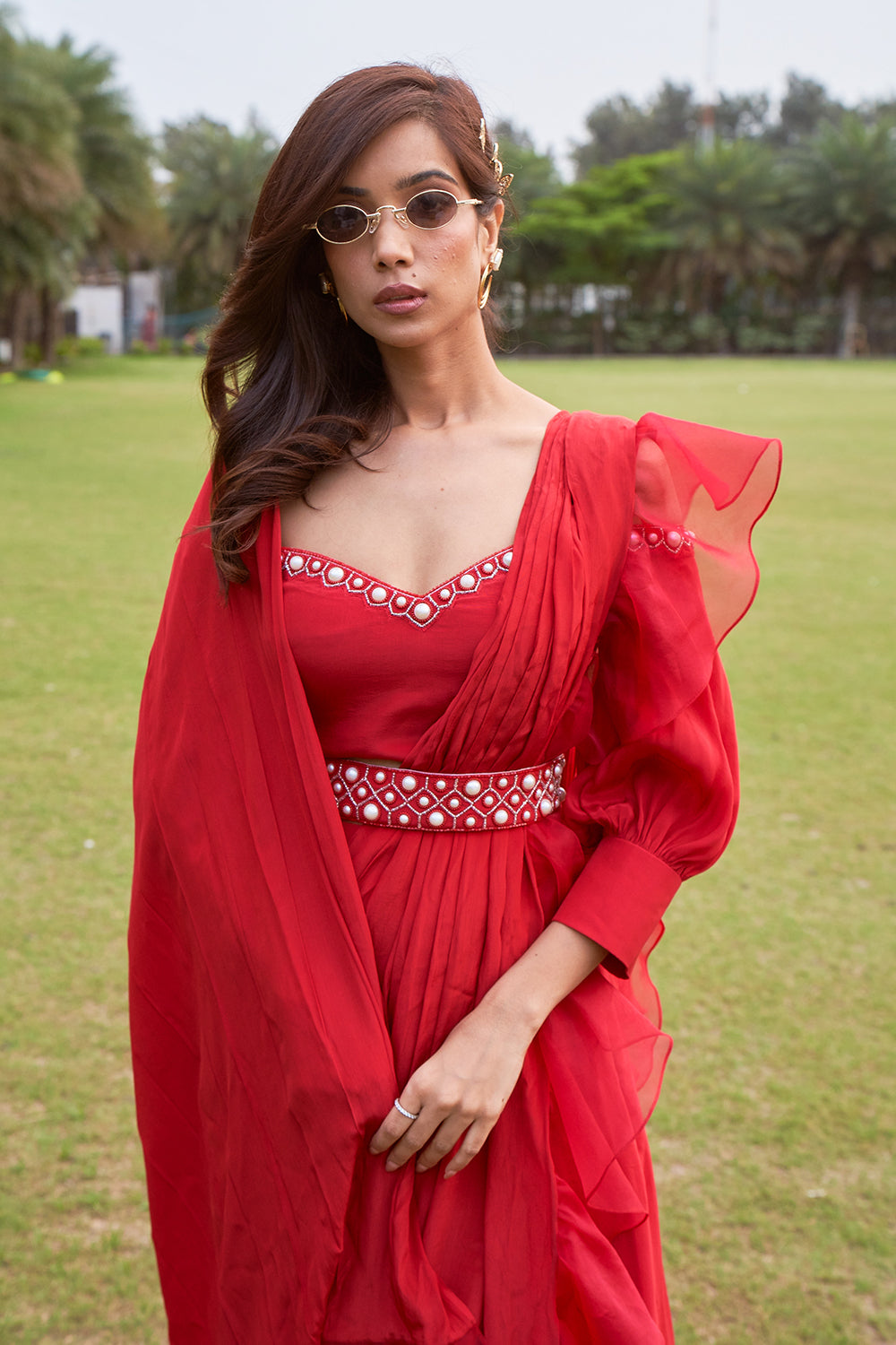 Cherry Red Drape Saree