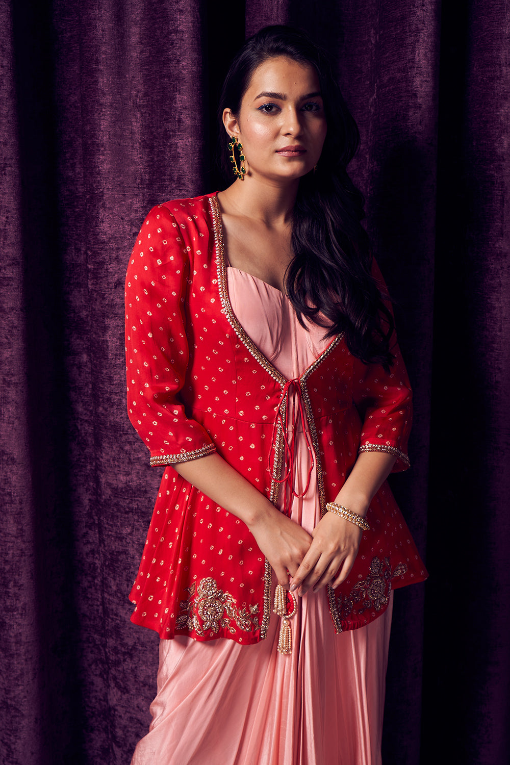 Pink & Red Bhandhani Jacket Gown