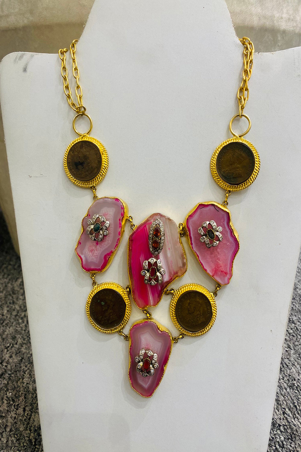 Pink Lace Agate Coin Necklace