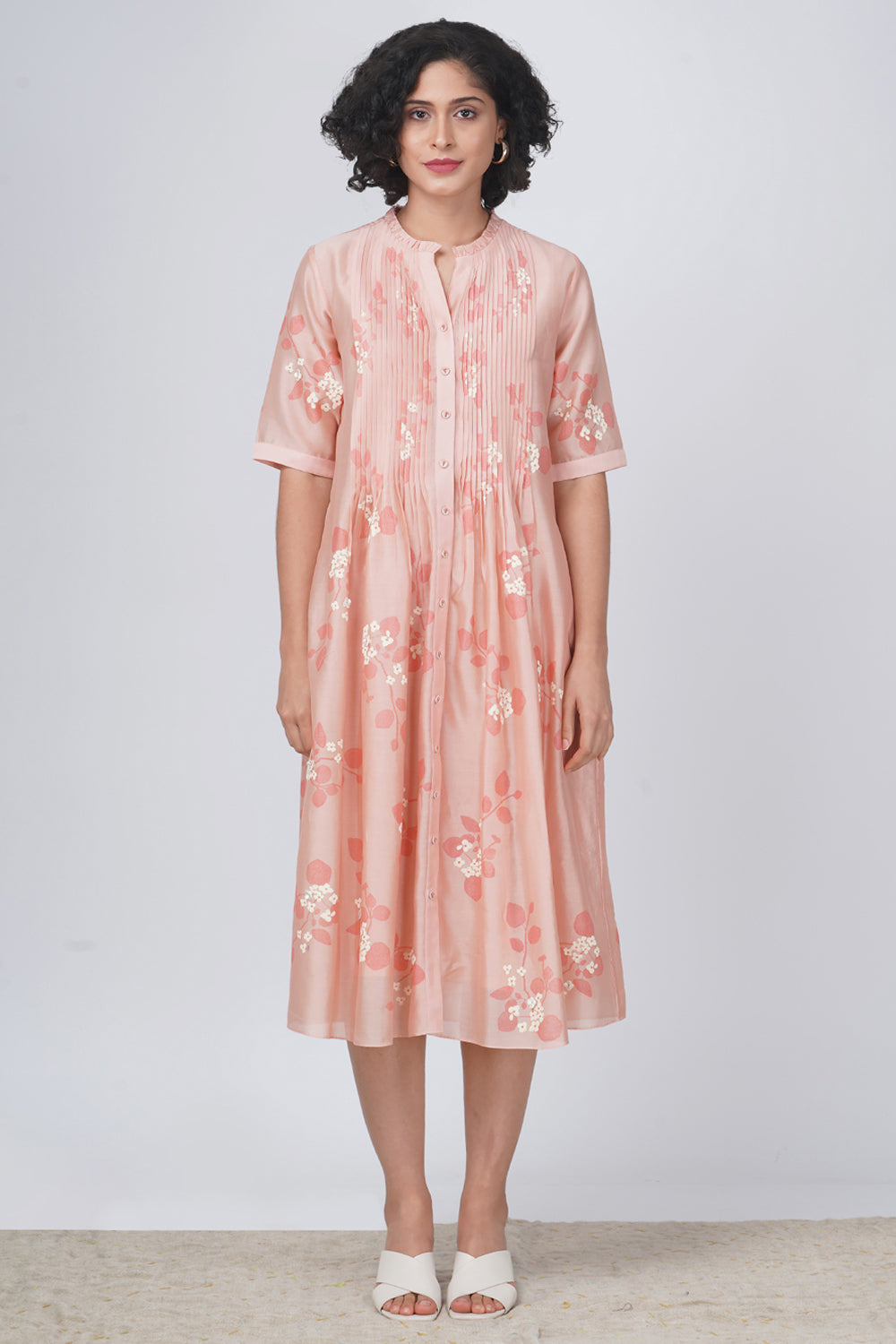 Monochrome Rose Print  Puff Sleeve Dress In Silk Chanderi