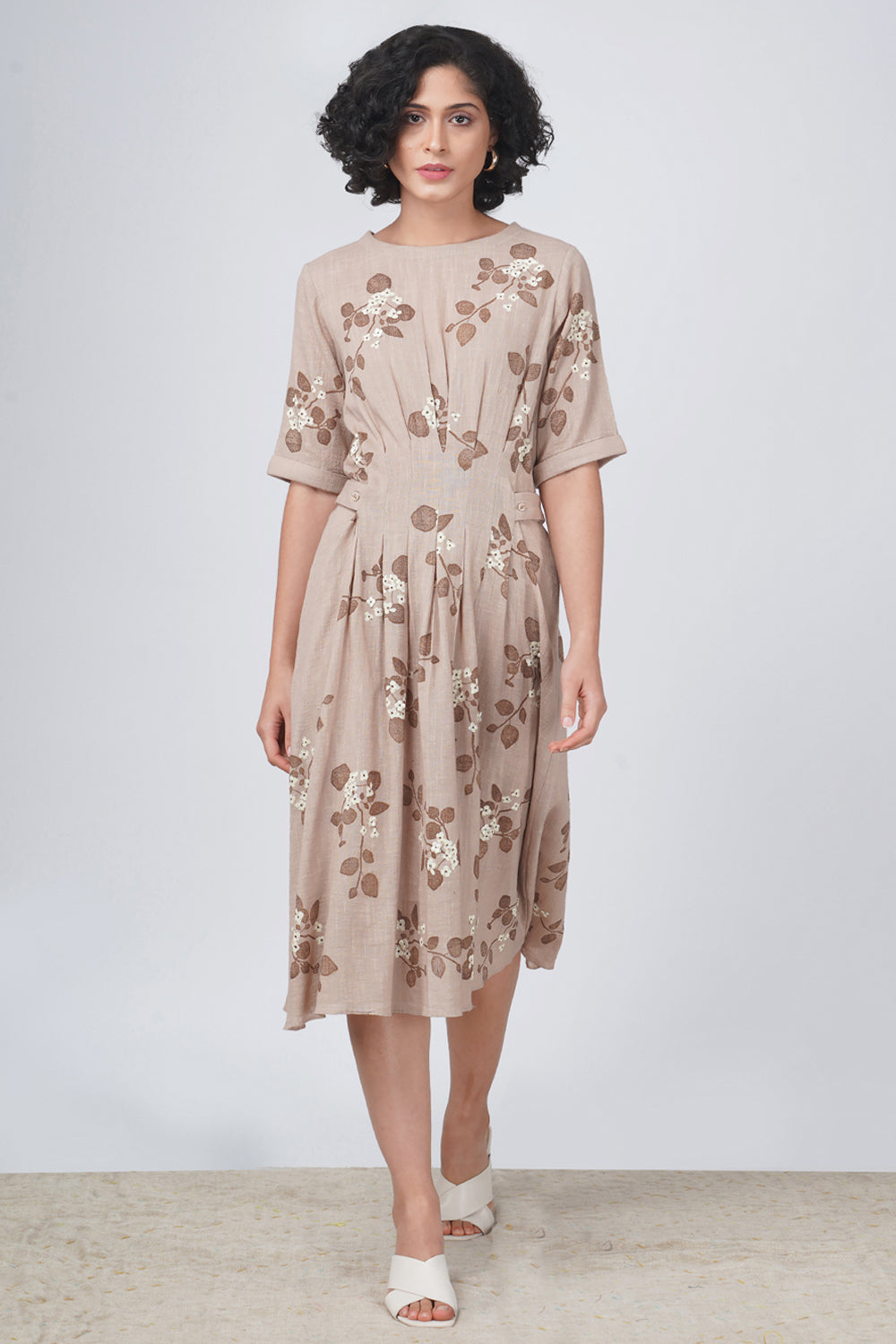 Sunflower Embroidered Pin Tuck A Line  Dress In Linen