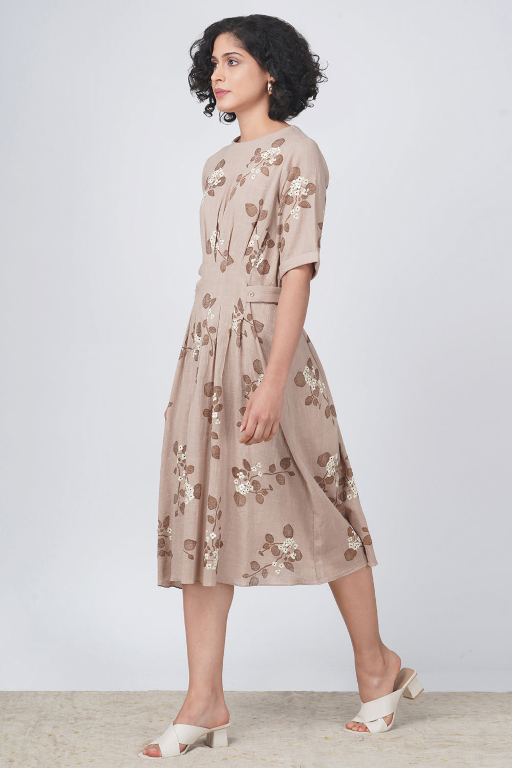 Sunflower Embroidered Pin Tuck A Line  Dress In Linen