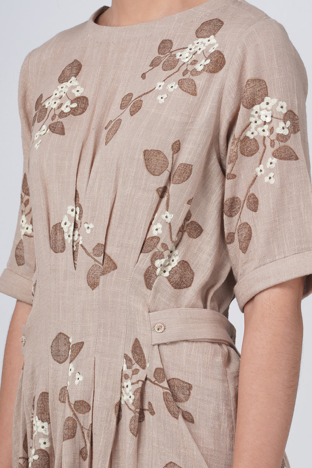 Sunflower Embroidered Pin Tuck A Line  Dress In Linen