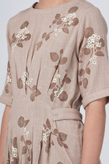 Sunflower Embroidered Pin Tuck A Line  Dress In Linen