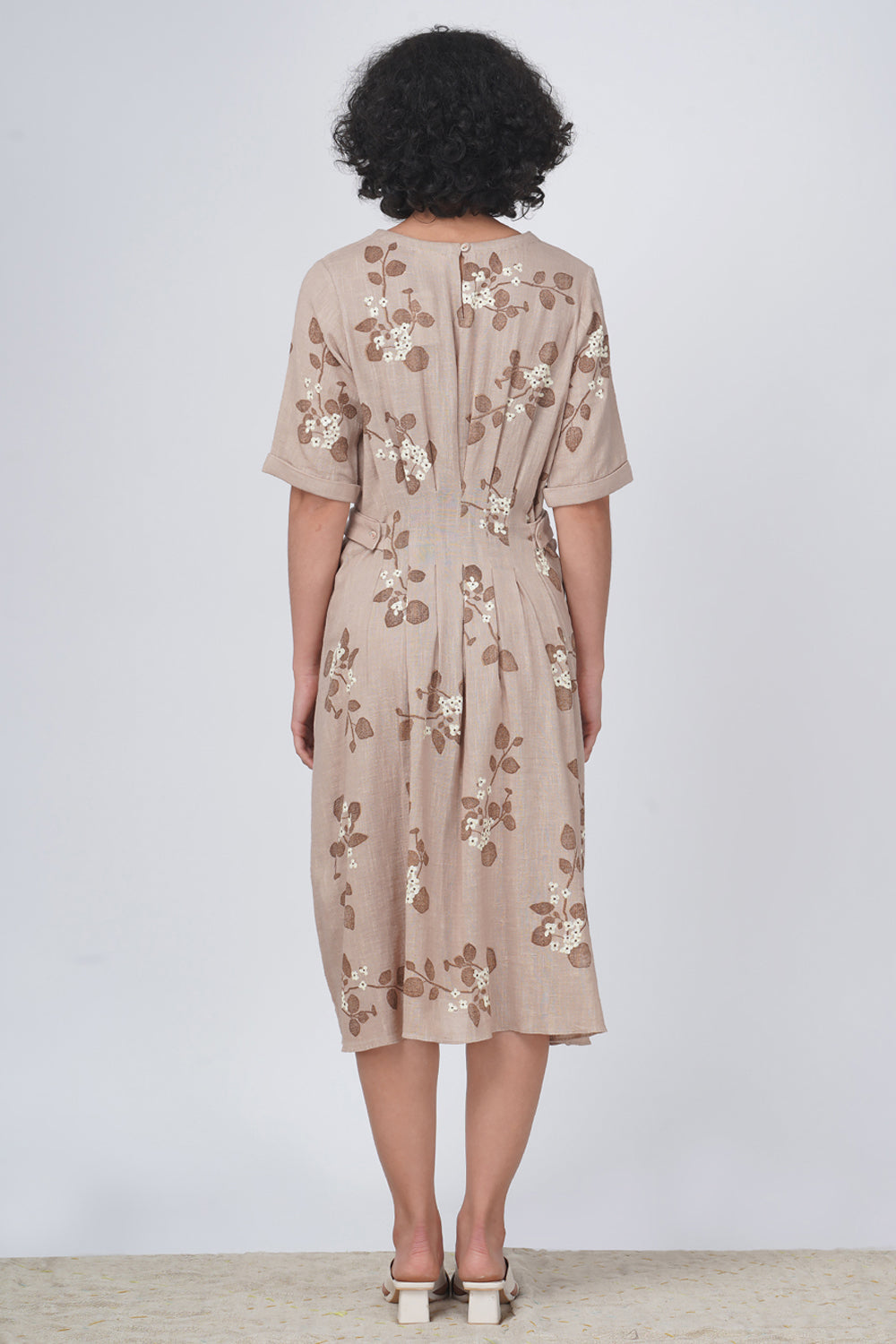 Sunflower Embroidered Pin Tuck A Line  Dress In Linen