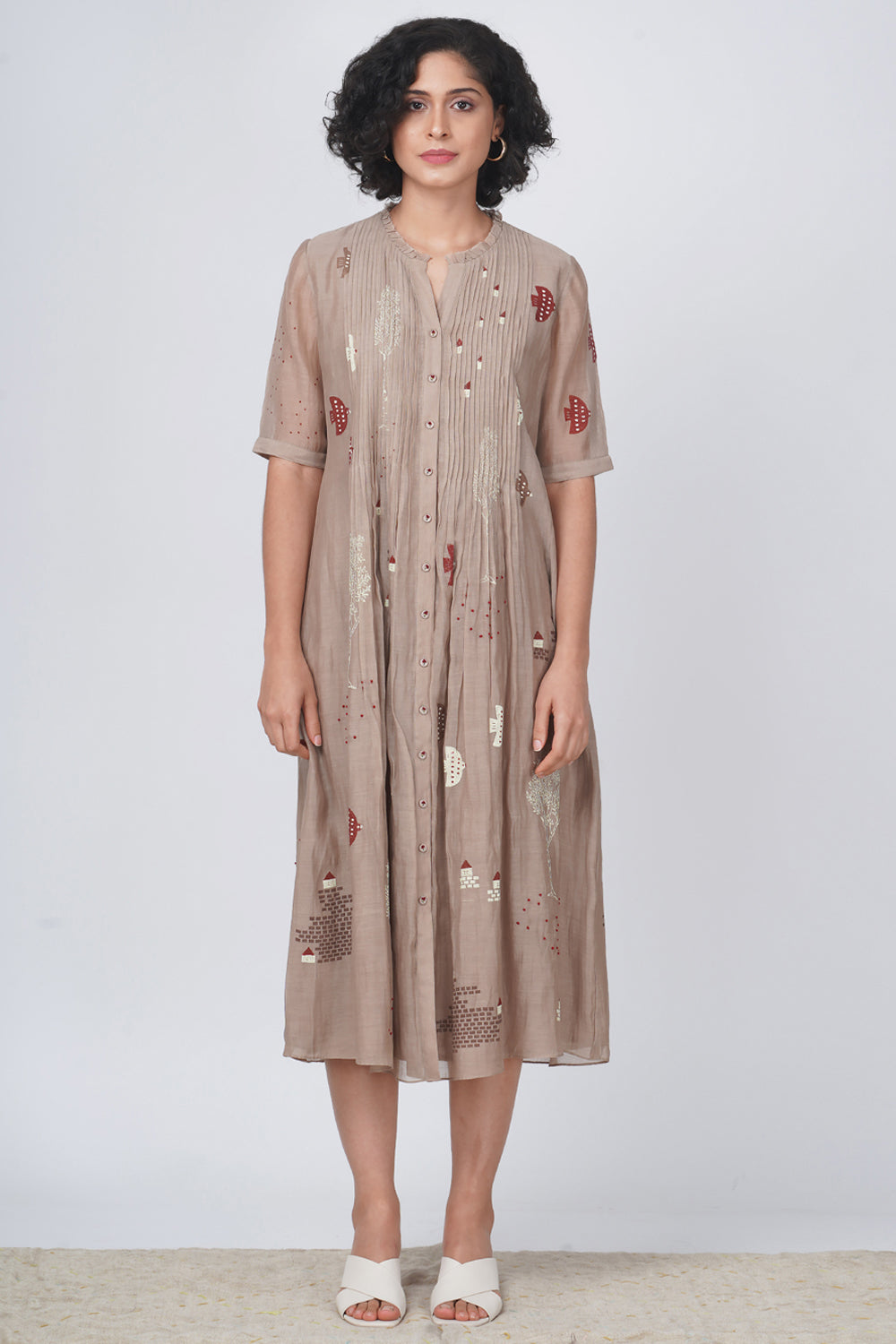 Olive  Leaf Print Puff Sleeve Dress In Silk Chanderi