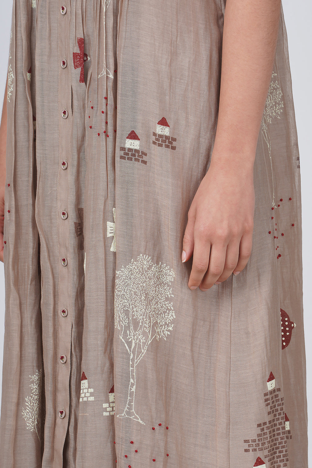 Olive  Leaf Print Puff Sleeve Dress In Silk Chanderi