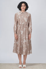 Ivory Petal Print Tier Olive Dress In Silk Chanderi