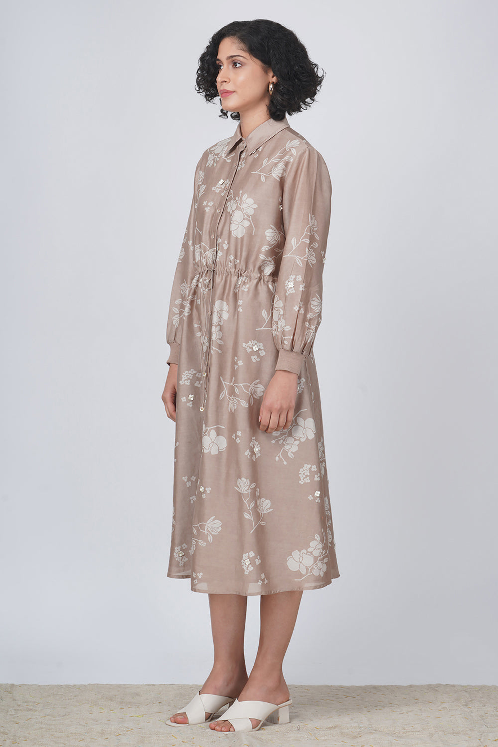 Ivory Petal Print Tier Olive Dress In Silk Chanderi