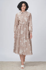 Ivory Petal Print Tier Olive Dress In Silk Chanderi