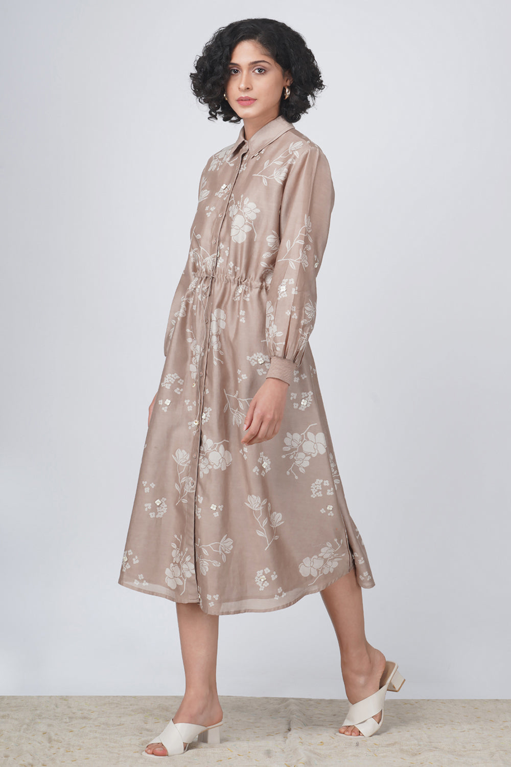 Ivory Petal Print Tier Olive Dress In Silk Chanderi