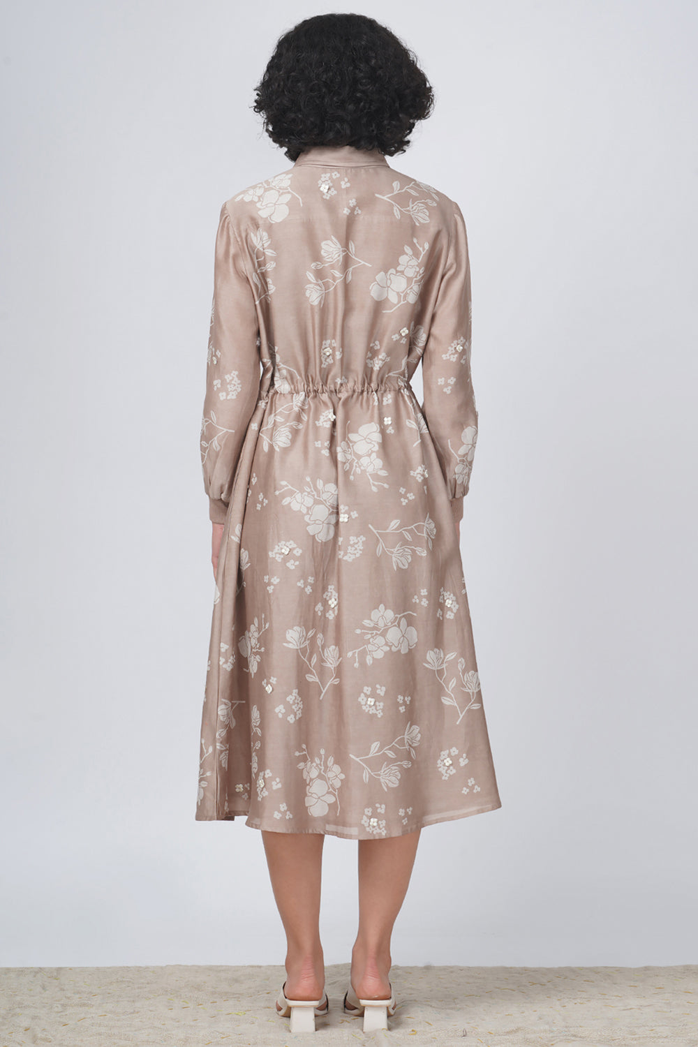 Ivory Petal Print Tier Olive Dress In Silk Chanderi