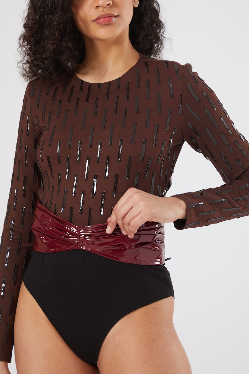 Brown Jersey & Faux Patent Leather Bodysuit