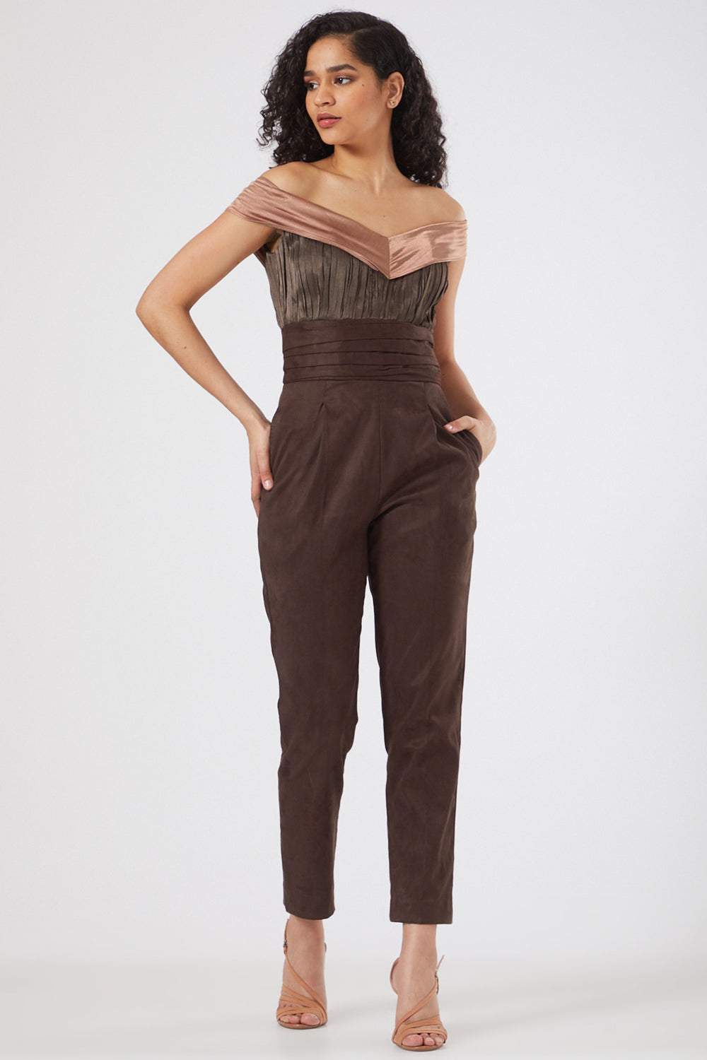 Off-Shoulder Brown Jumpsuit