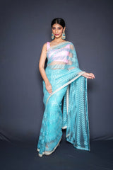 Cyan Blue Blouse Saree Set