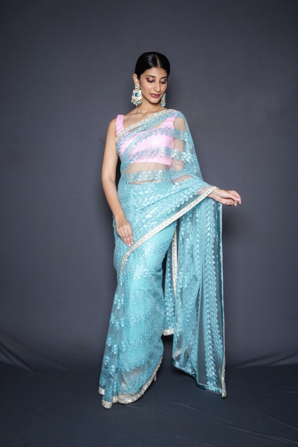 Cyan Blue Blouse Saree Set