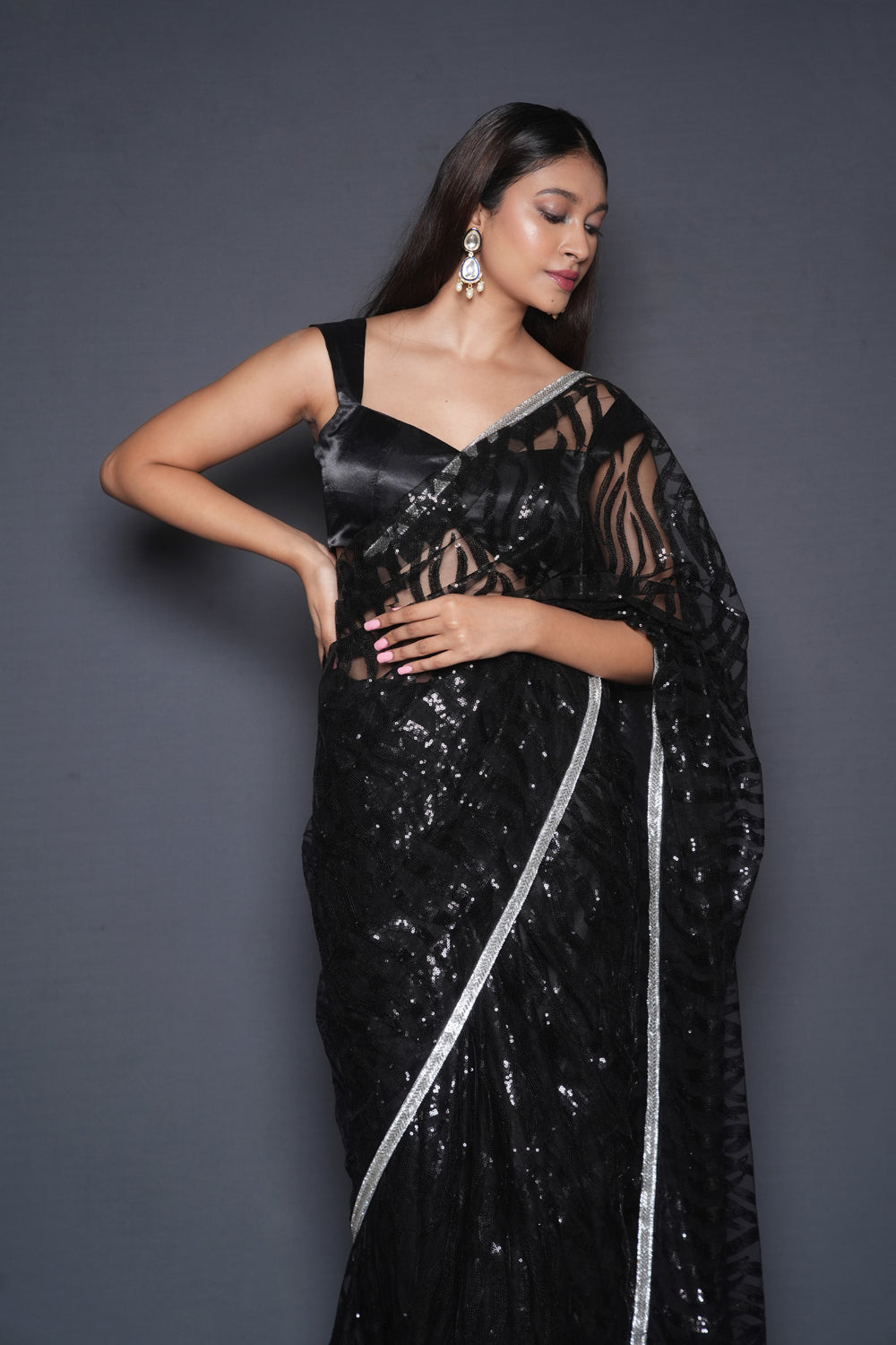 Striking Black Blouse Saree Set