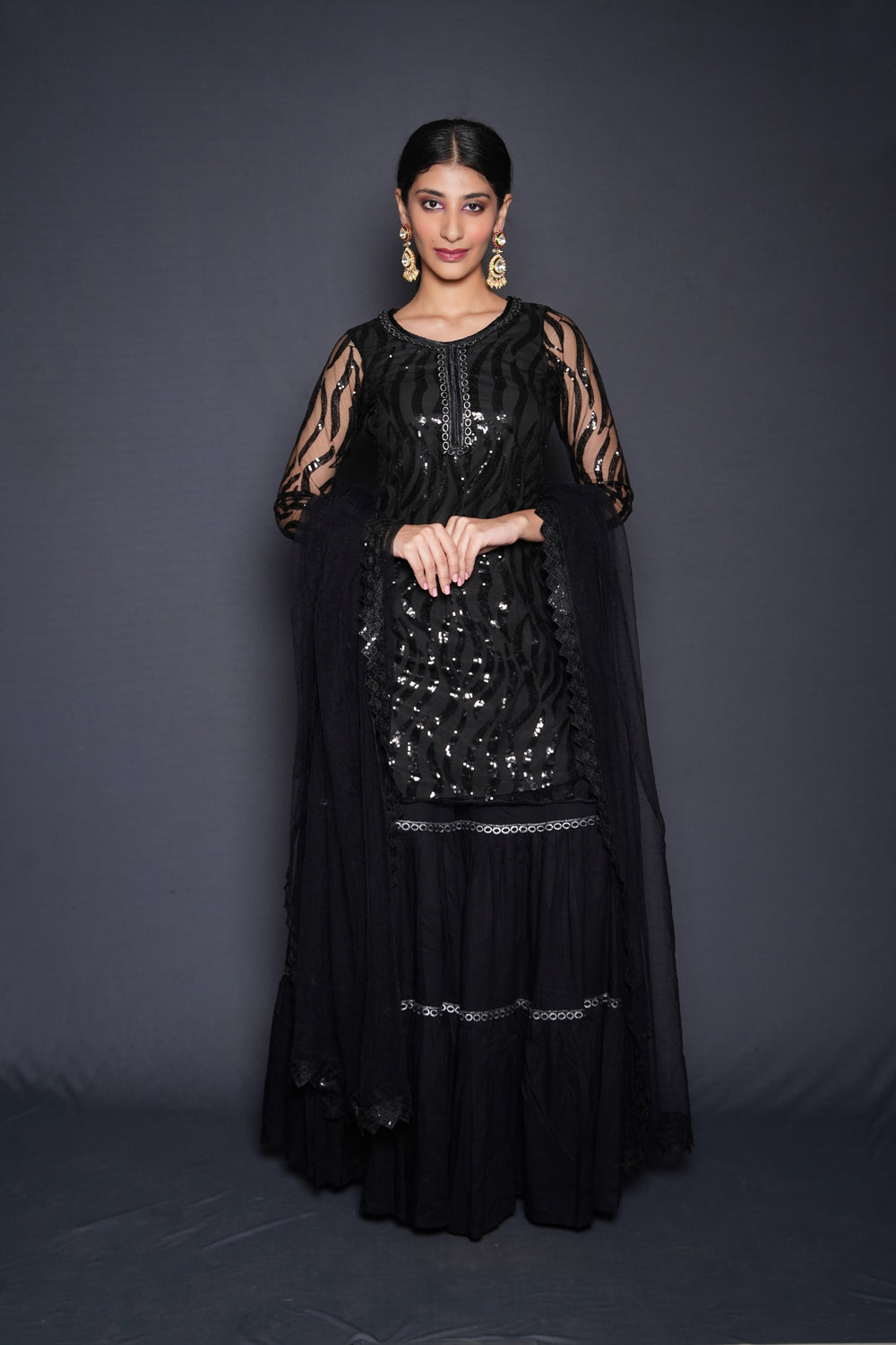 Striking Black Embellished Sharara Set