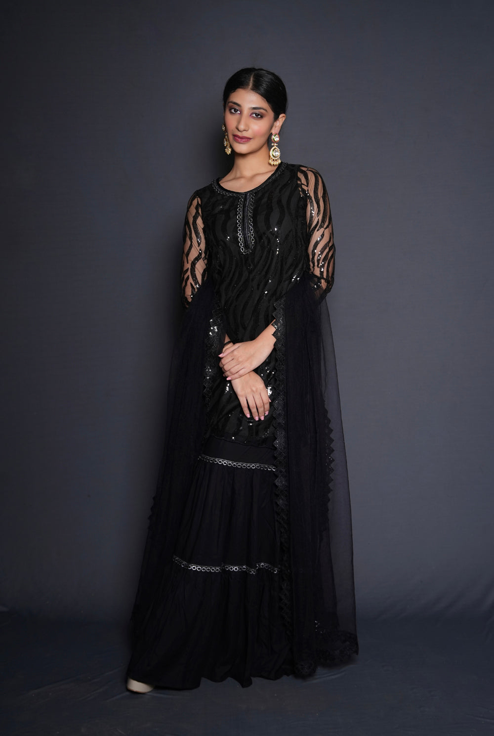 Striking Black Embellished Sharara Set