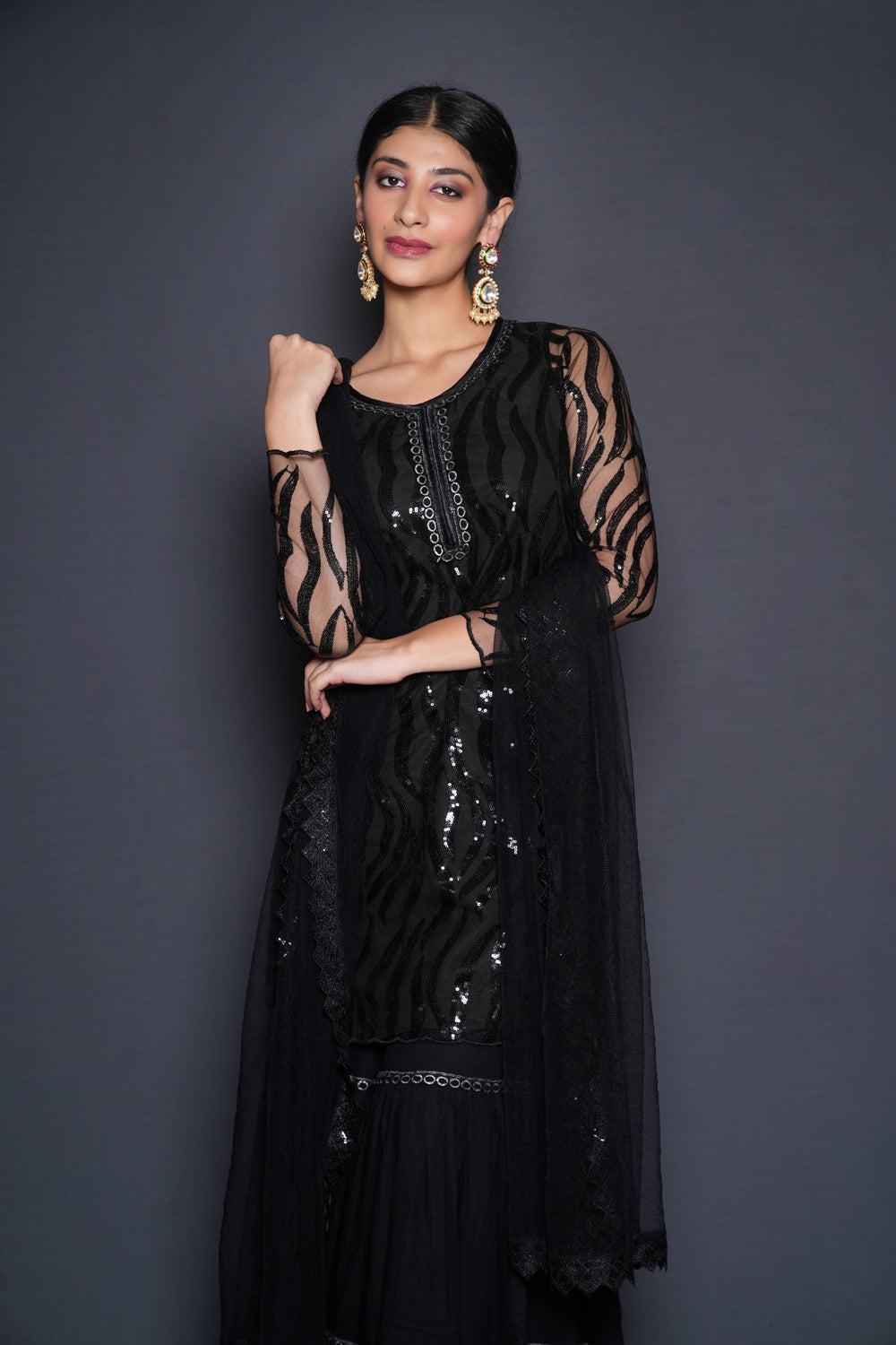 Striking Black Embellished Sharara Set