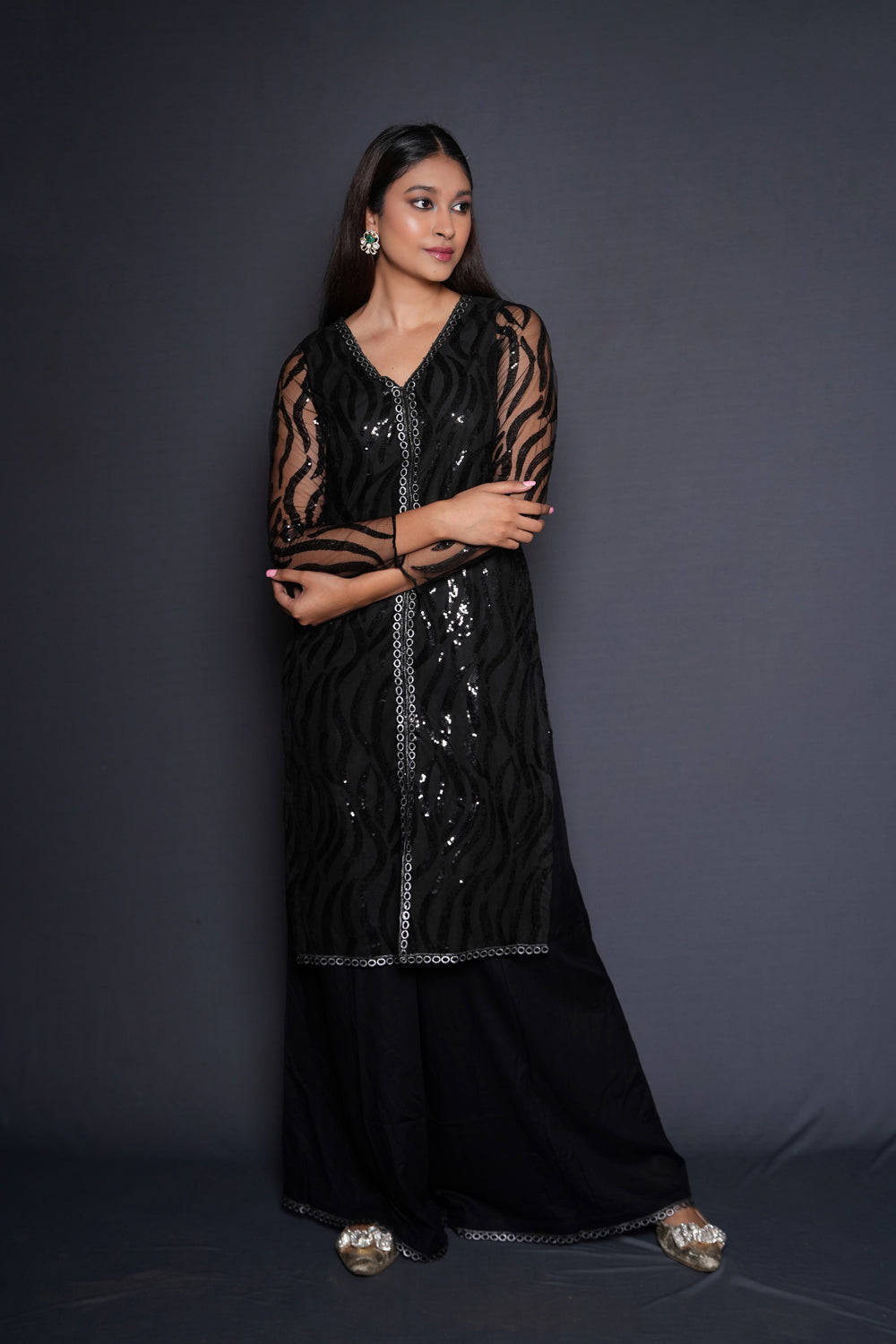 Striking Black Embellished Kurta Palazzo Set