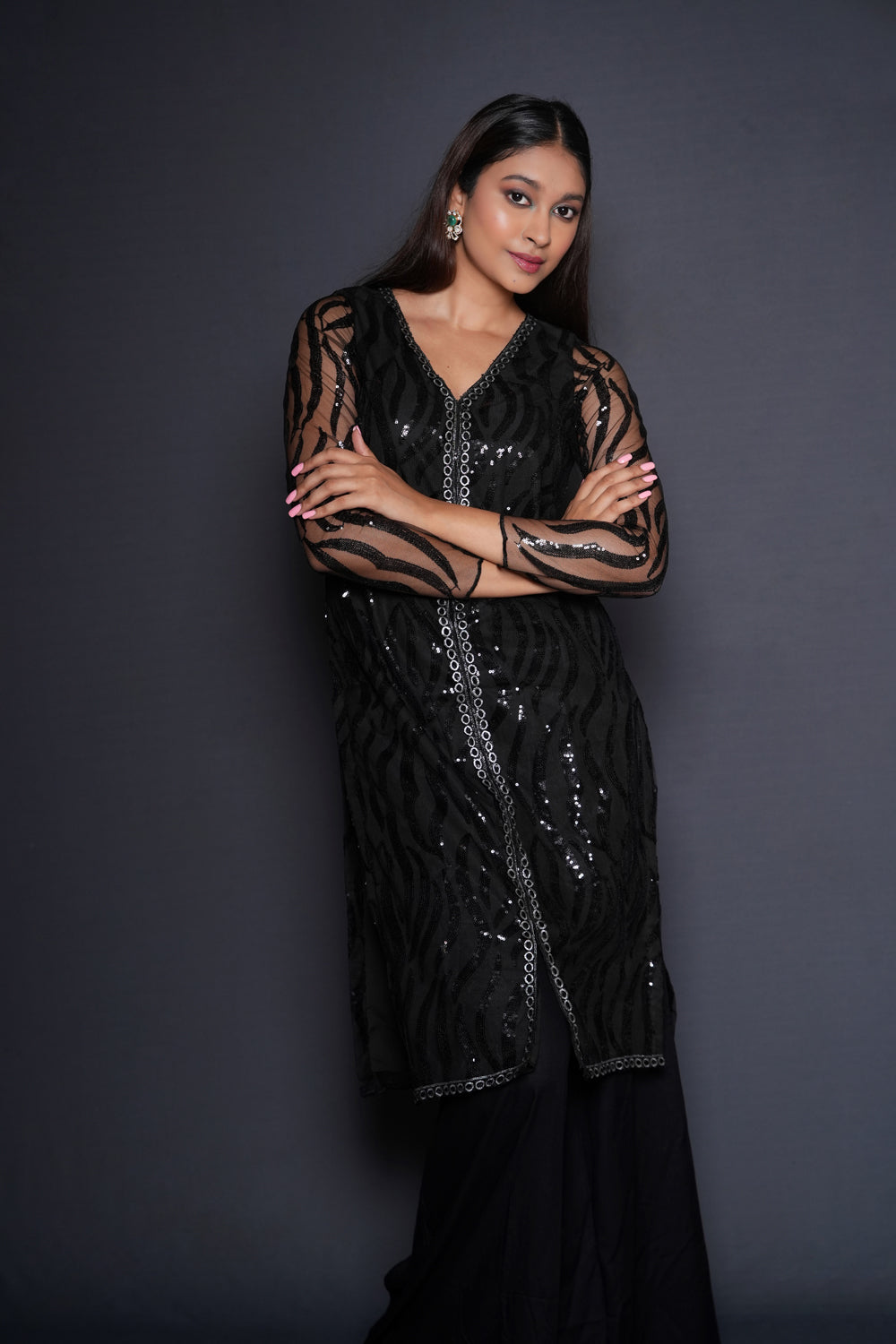 Striking Black Embellished Kurta Palazzo Set