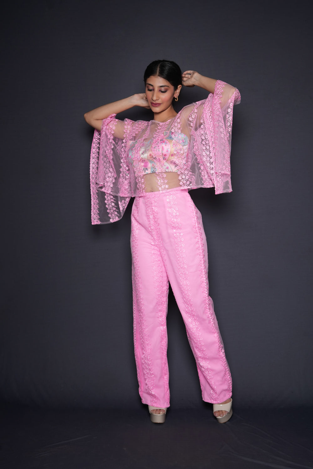 Pink Cropped Cape Blouse Pant Set