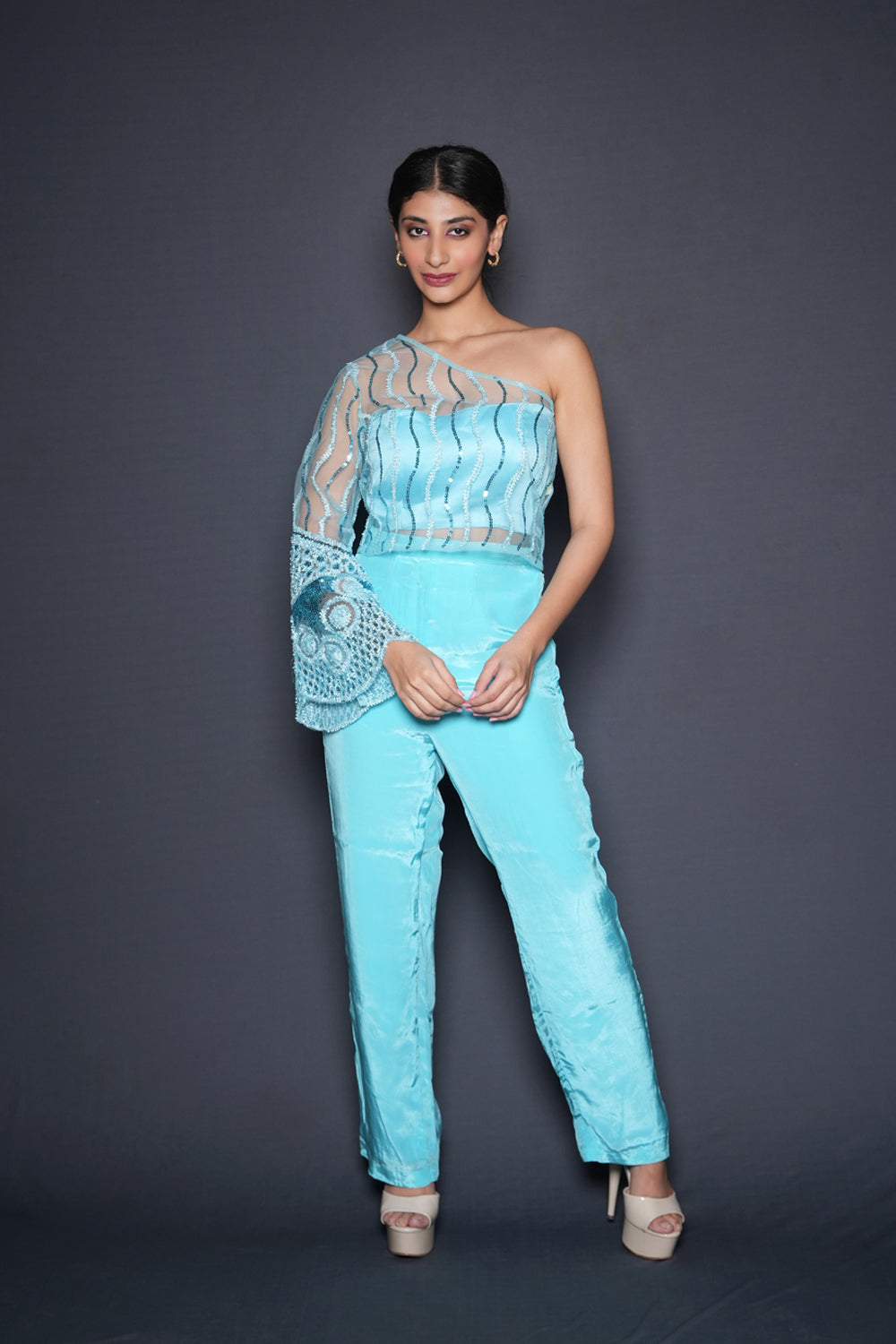 Zima Blue Embellished Offshoulder Blouse Pant Set