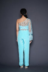 Zima Blue Embellished Offshoulder Blouse Pant Set