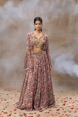 Ivory Printed Choli Lehenga And Cape Set