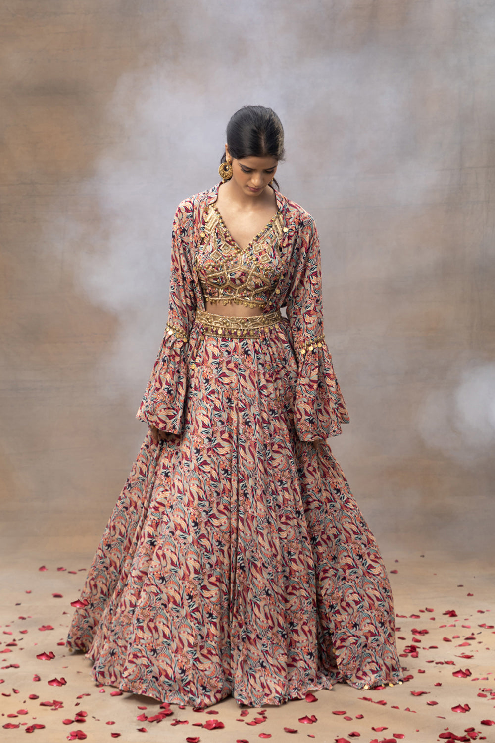 Ivory Printed Choli Lehenga And Cape Set