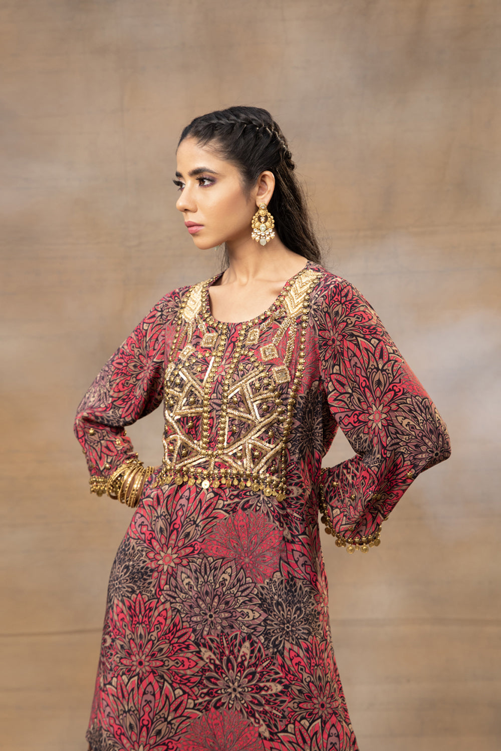 Pink Printed Embroidered Short Kurta Sharara Set