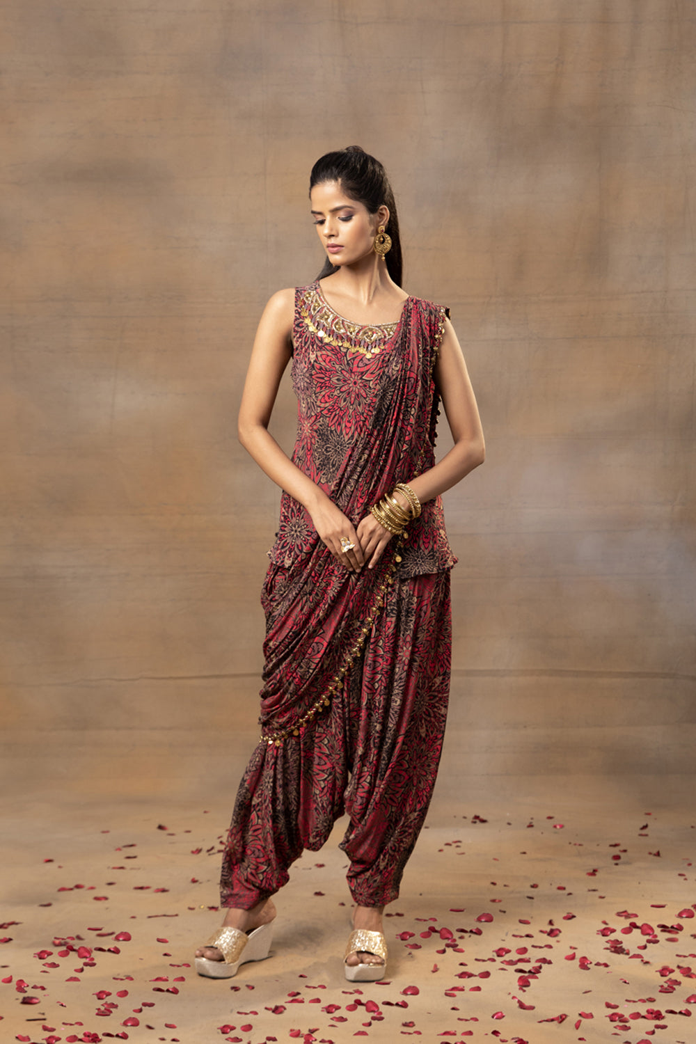 Pink Printed Embroidered Short Top, Dhoti Pants  And Drape Set