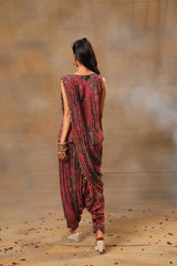 Pink Printed Embroidered Short Top, Dhoti Pants  And Drape Set