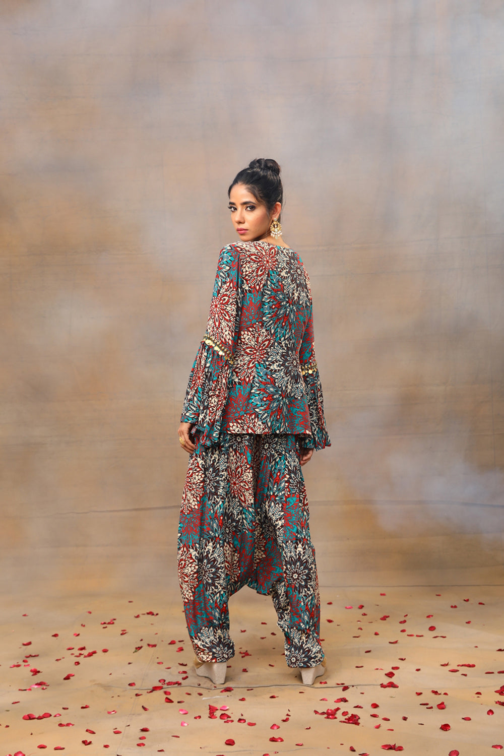 Green Printed Embroidered Short Top With Low Crotch Dhoti Pants Set