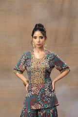 Green Printed Embroidered Short Kurta With Sharara Set