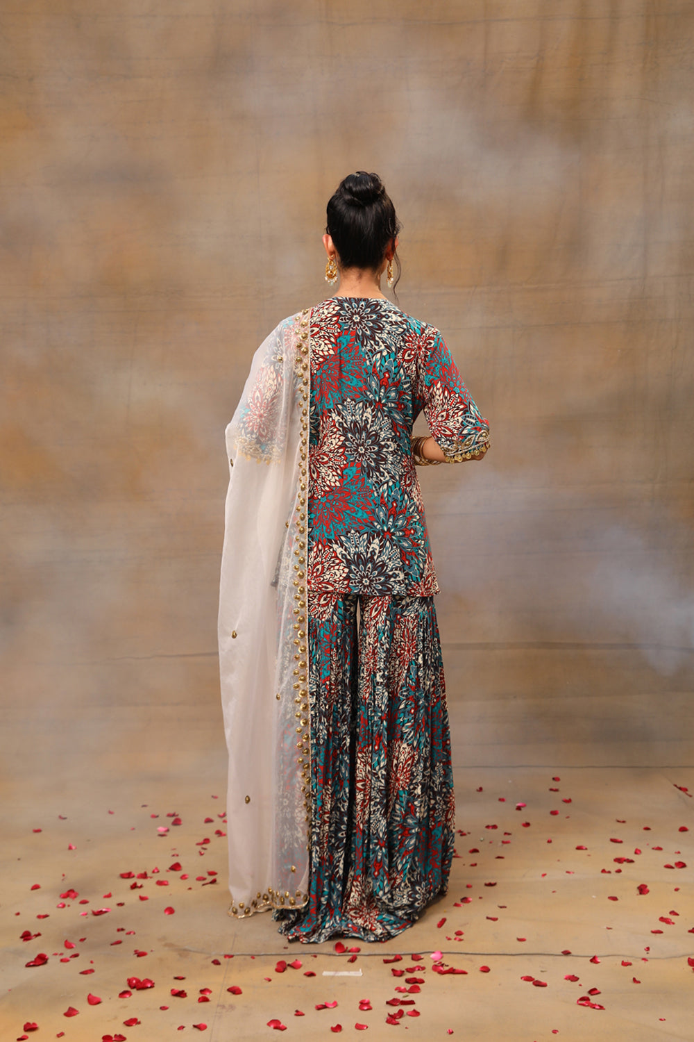 Green Printed Embroidered Short Kurta, Sharara And Dupatta Set