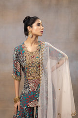 Green Printed Embroidered Short Kurta, Sharara And Dupatta Set