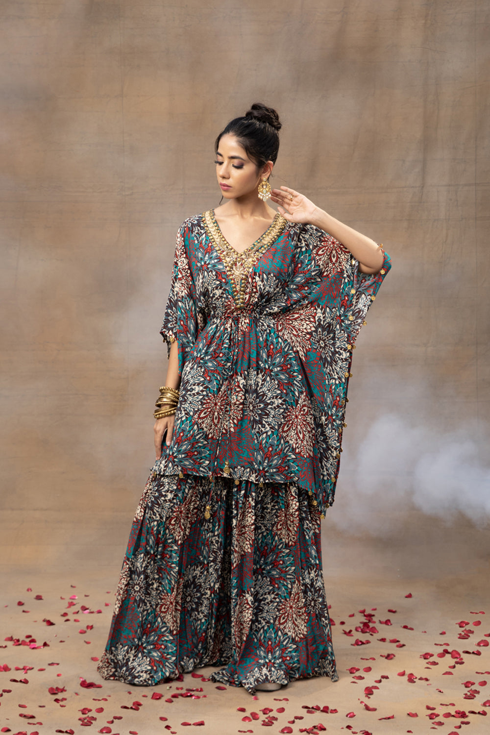 Green Printed Embroidered Kaftan Top With Sharara Set