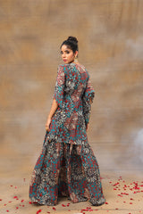 Green Printed Embroidered Kaftan Top With Sharara Set