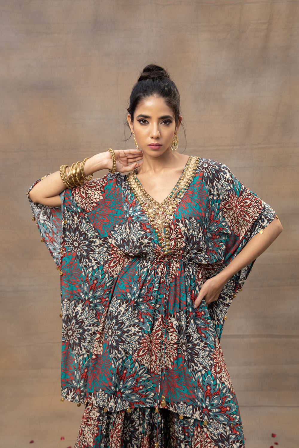 Green Printed Embroidered Kaftan Top With Sharara Set