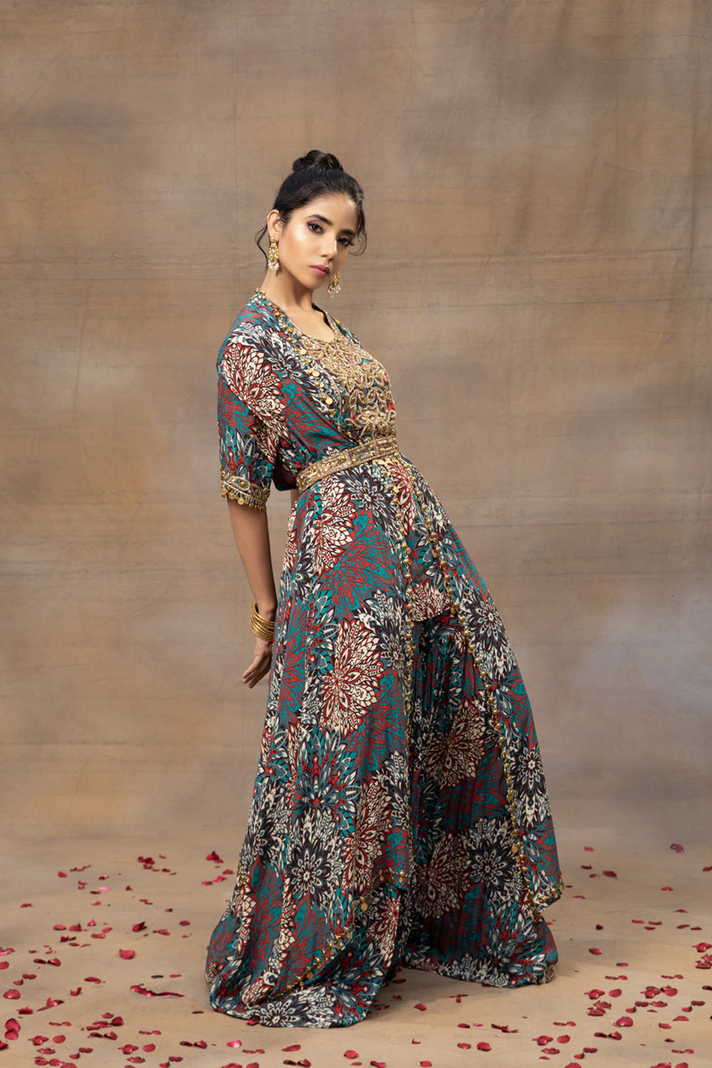 Green Printed Embroidered Short Kurta, Sharara, Cape And Belt Set