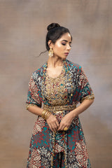 Green Printed Embroidered Short Kurta, Sharara, Cape And Belt Set