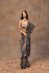 Green Printed Embroidered Ruffle Sari And Belt Set