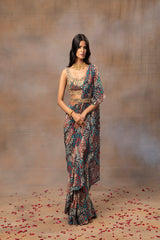 Green Printed Embroidered Ruffle Sari And Belt Set