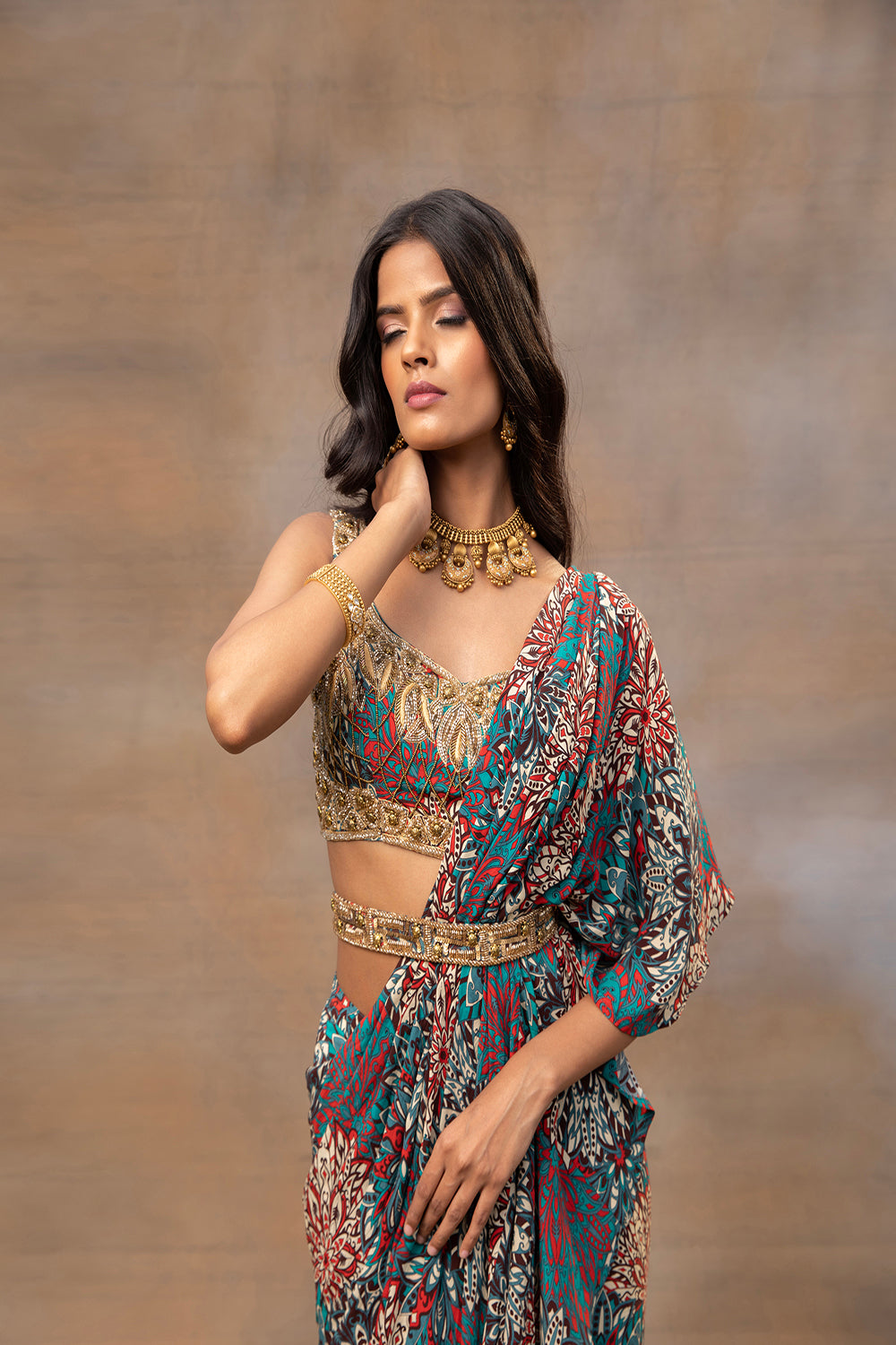 Green Printed Embroidered Ruffle Sari And Belt Set