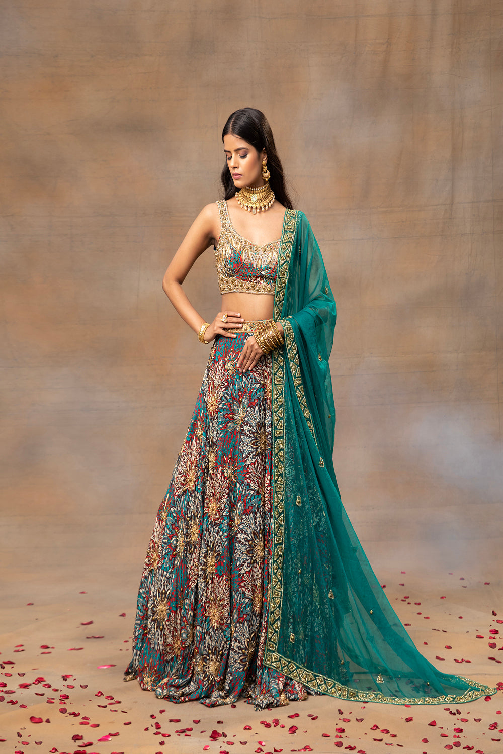 Green Printed Embroidered Choli, Lehenga And Dupatta Set