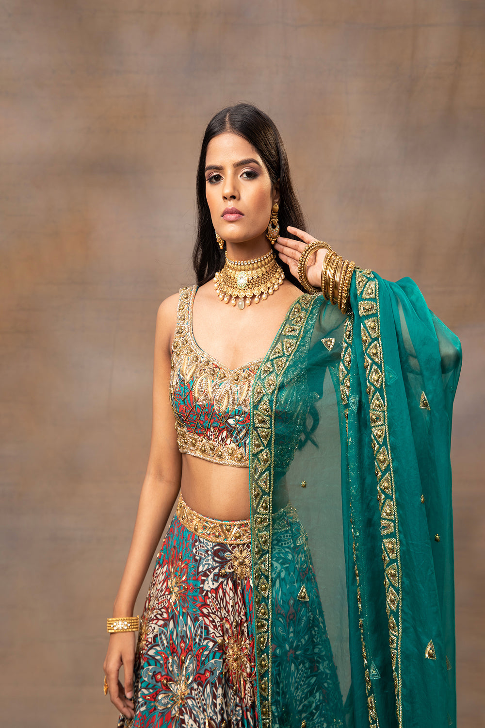 Green Printed Embroidered Choli, Lehenga And Dupatta Set